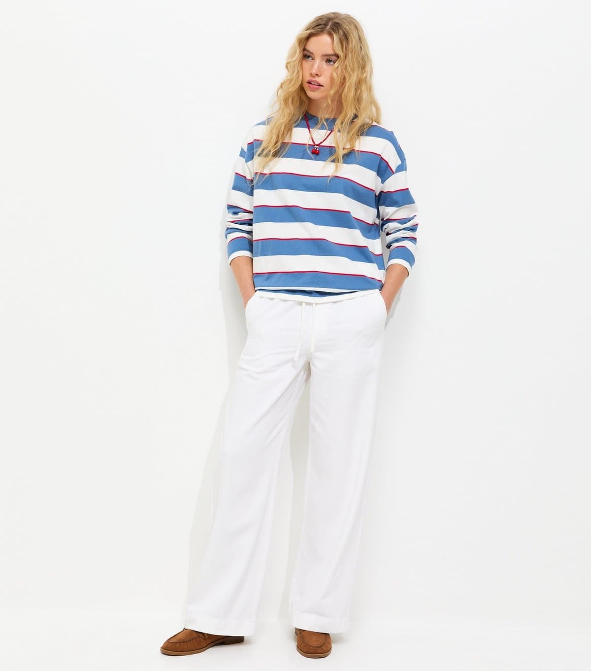 New Look Women's White Cotton Twill Drawstring Wide Leg Trousers New Look