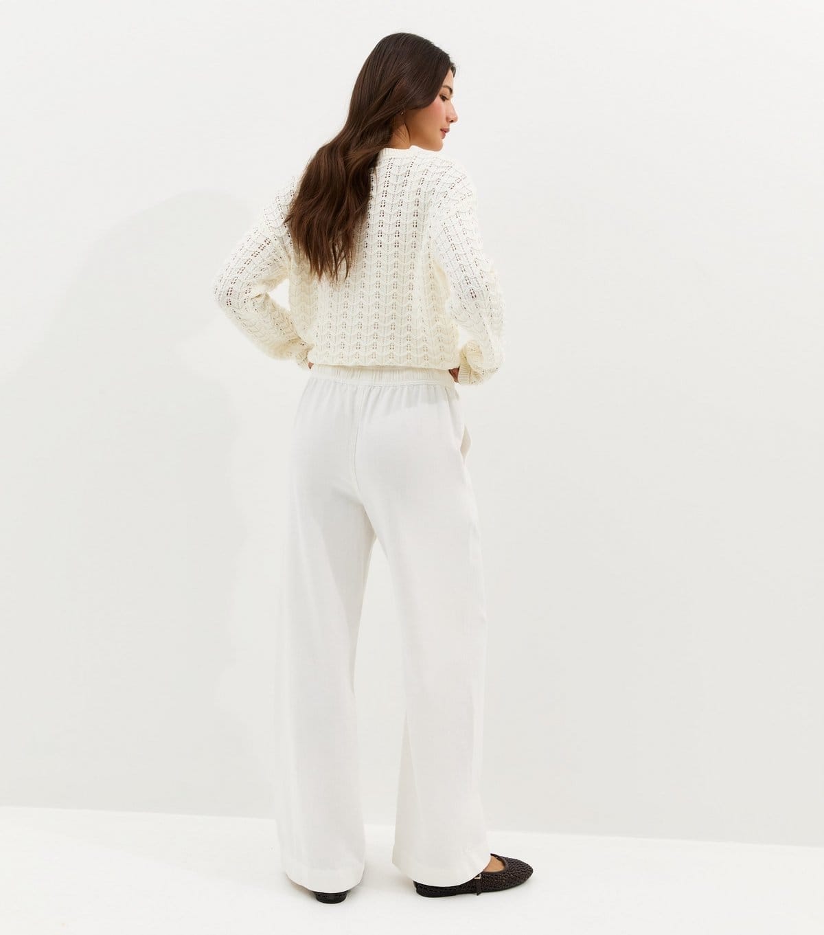 New Look Women's White Cotton Twill Drawstring Wide Leg Trousers New Look - 4