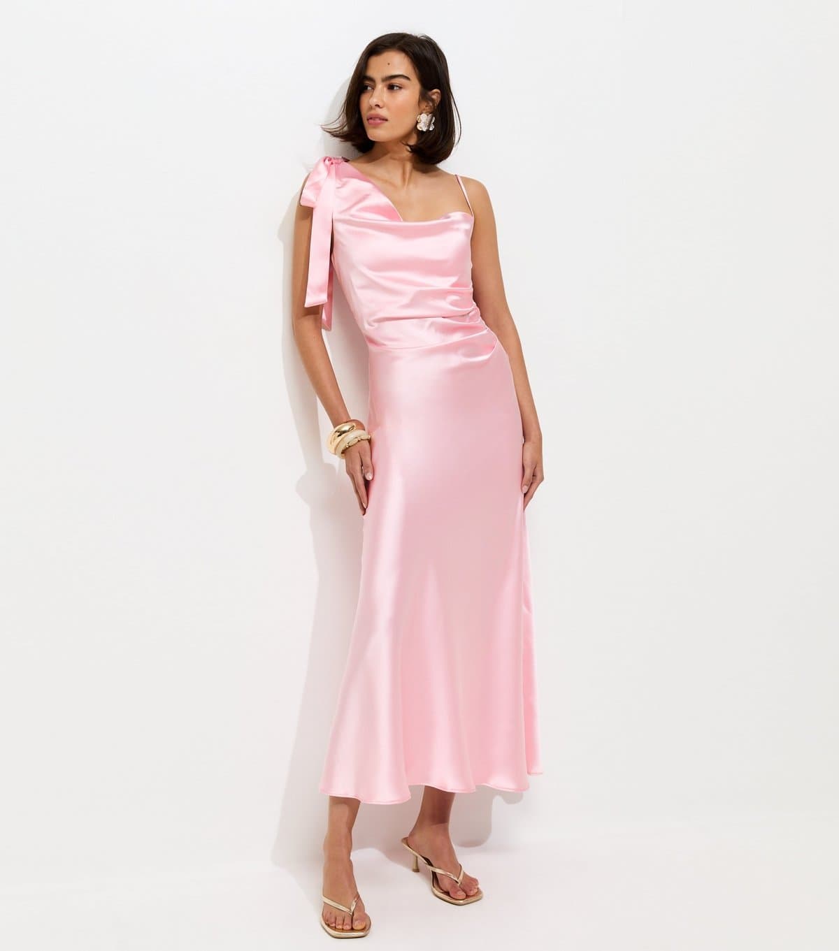 New Look Women's Light Pink Satin Draped Shoulder Bow Midi Dress New Look