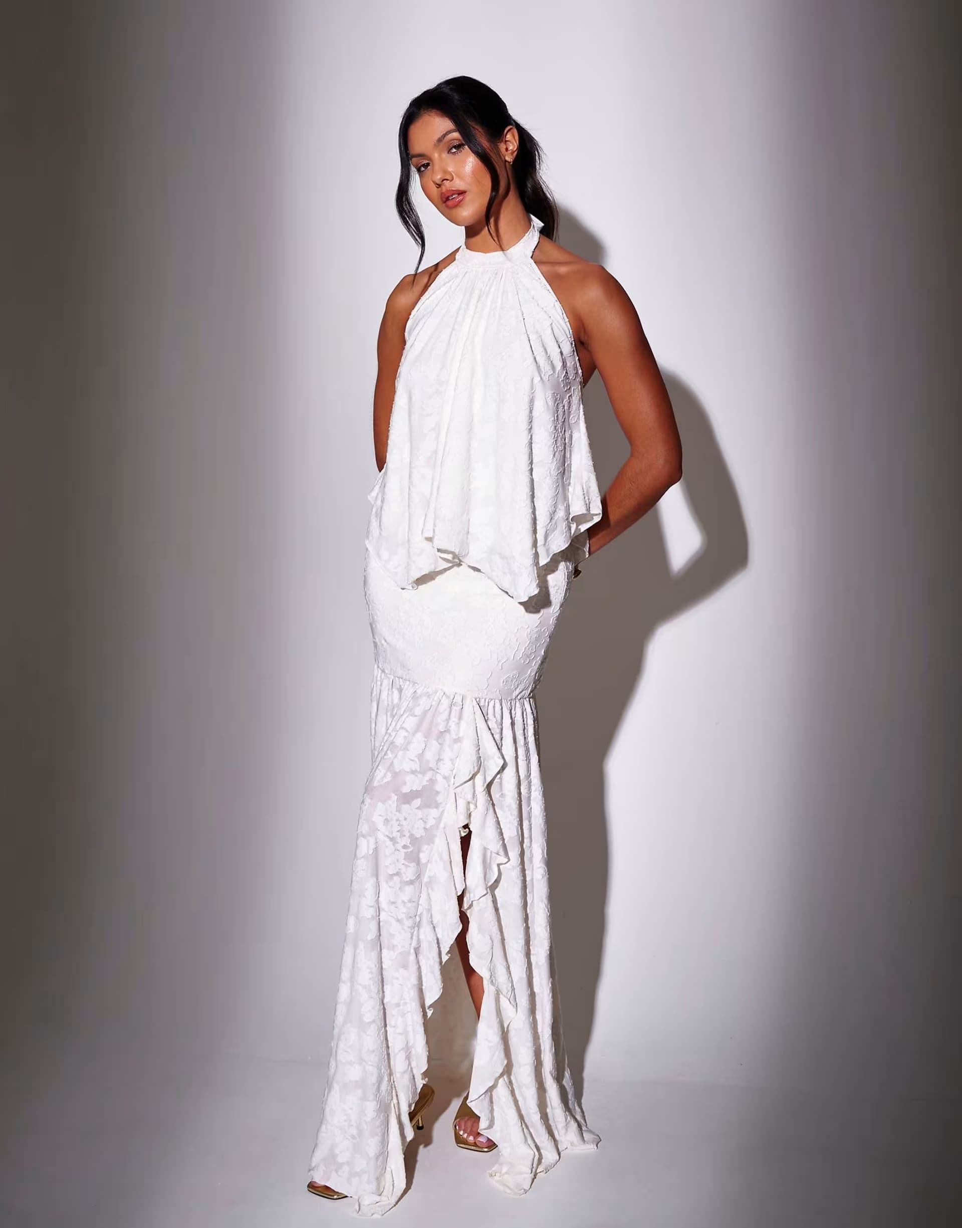 ASOS South Beach High waisted ruffle front split maxi skirt in cream