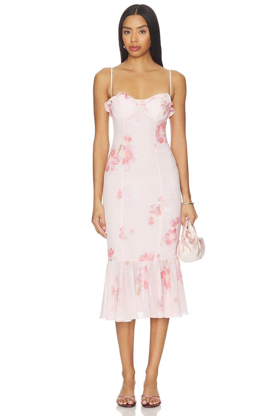 Revolve Pink Floral Sweetheart Neck Midi Dress