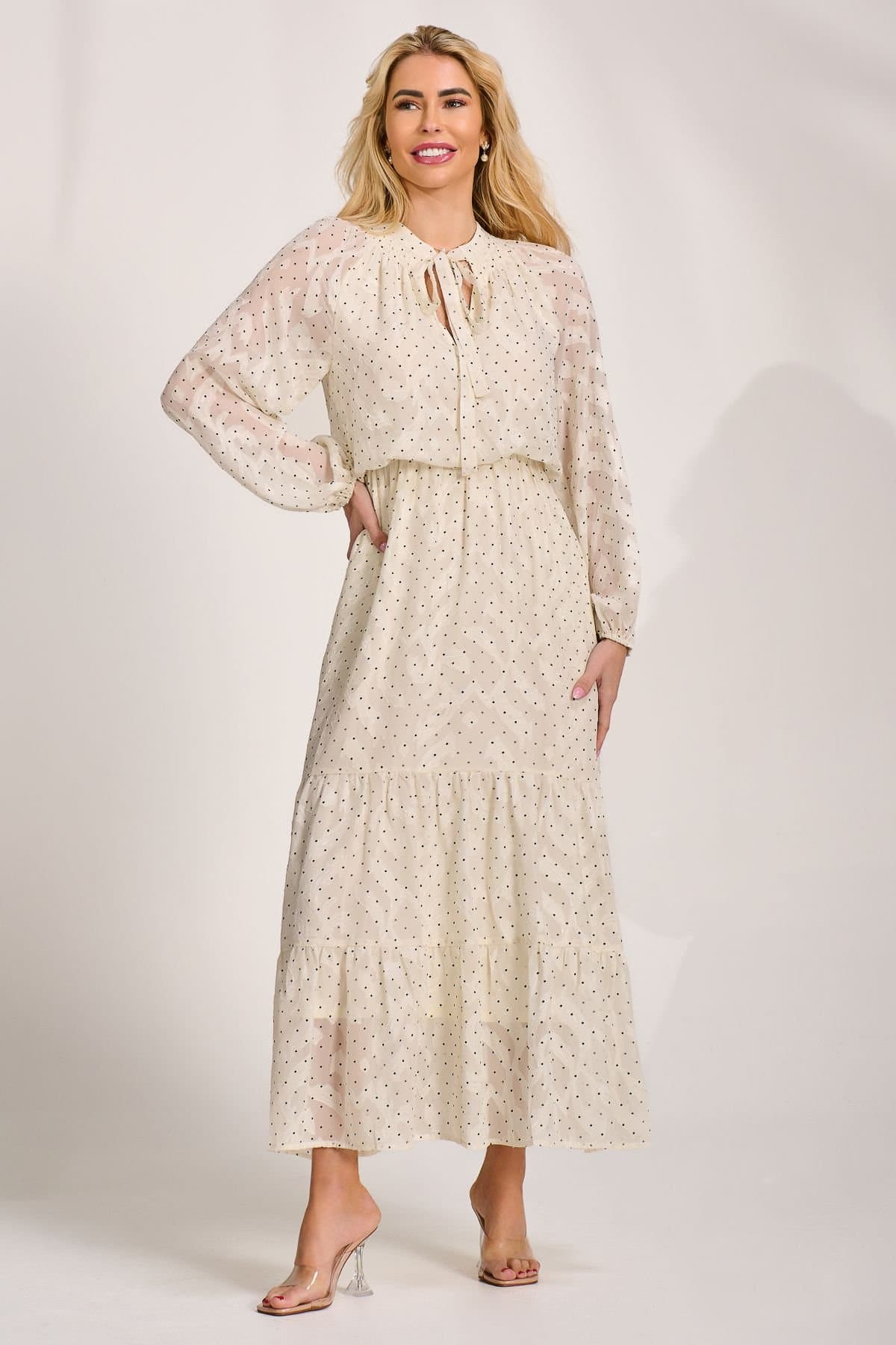 Jolie Moi Jolie Moi Women's Textured Chiffon Long Sleeve Maxi Dress in Cream