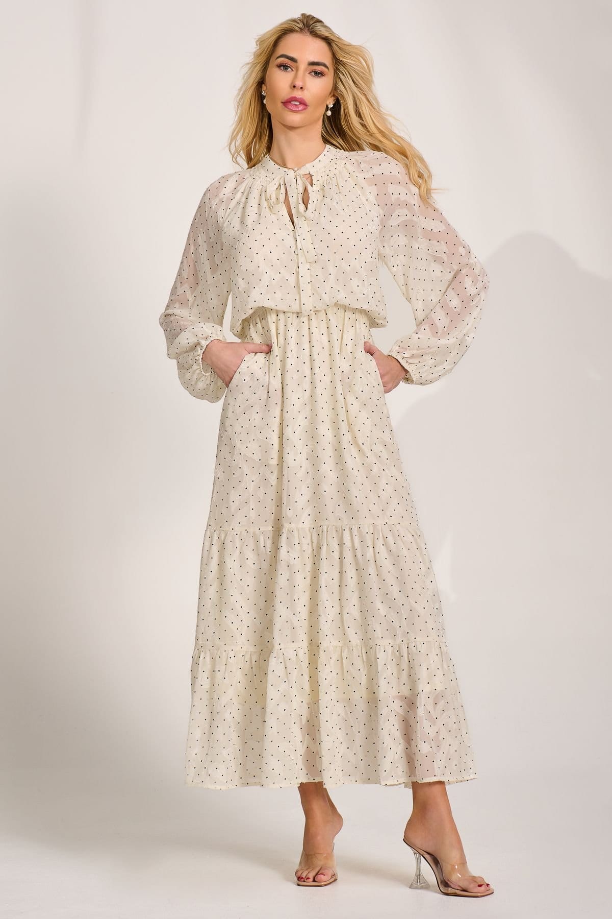 Jolie Moi Jolie Moi Women's Textured Chiffon Long Sleeve Maxi Dress in Cream - 4