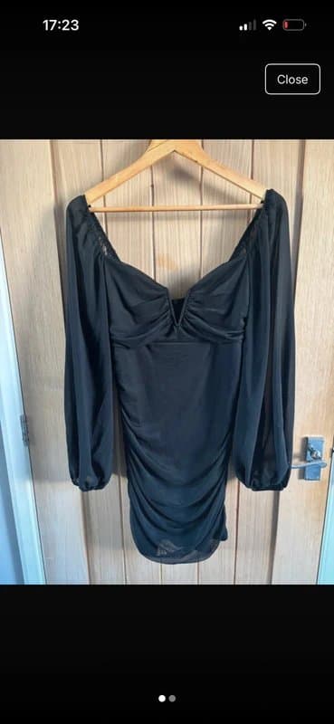 Source Unknown Black Ruched Mini Dress with Puff Sleeves
