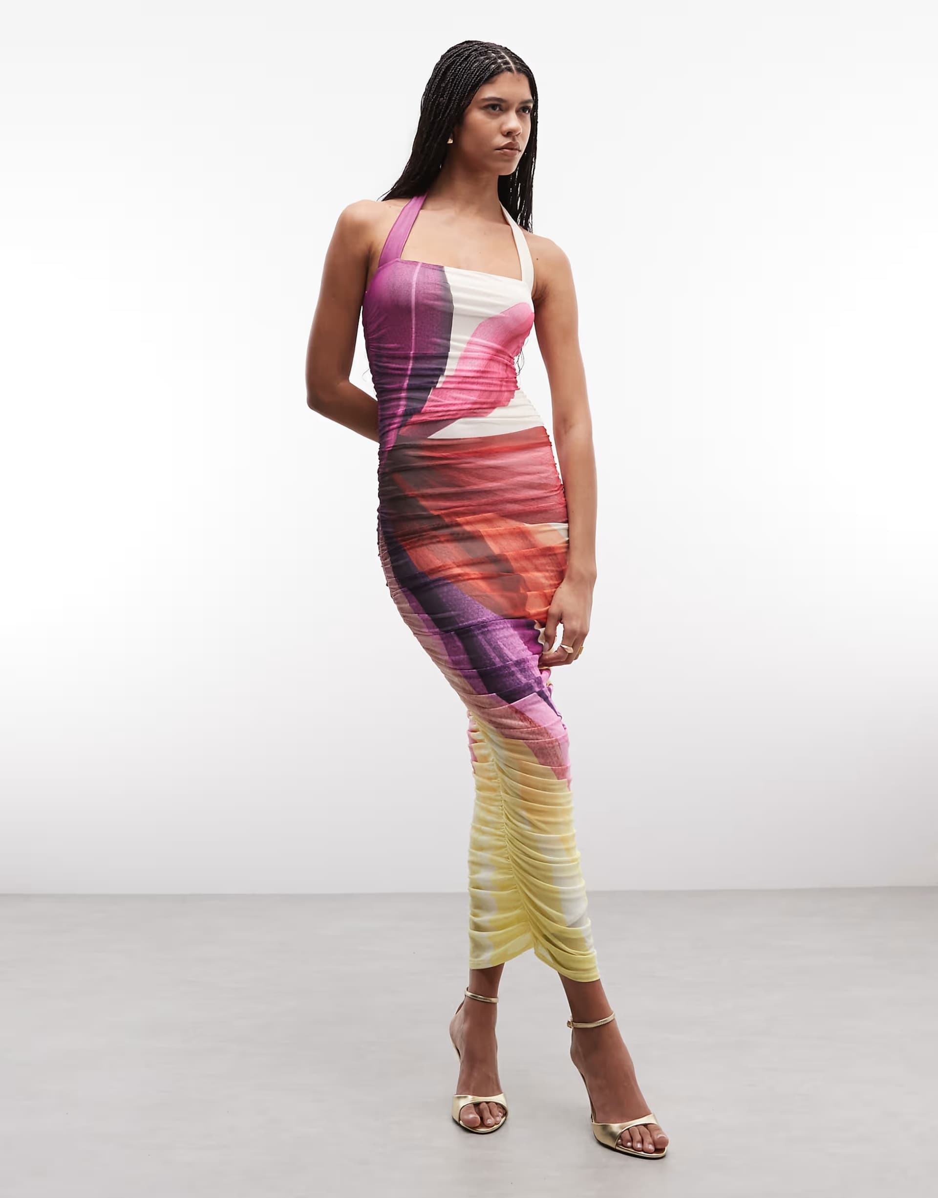 ASOS AFRM Indina printed mesh hatler neck midi dress in pink floral