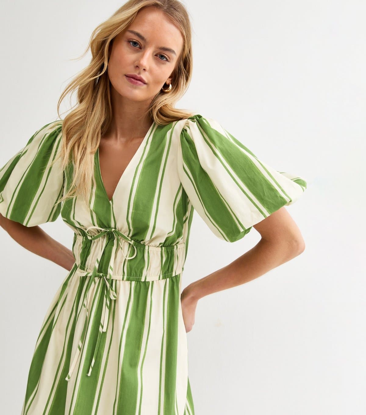 New Look Women's Tall Green Striped Puff Sleeve Midi Dress New Look