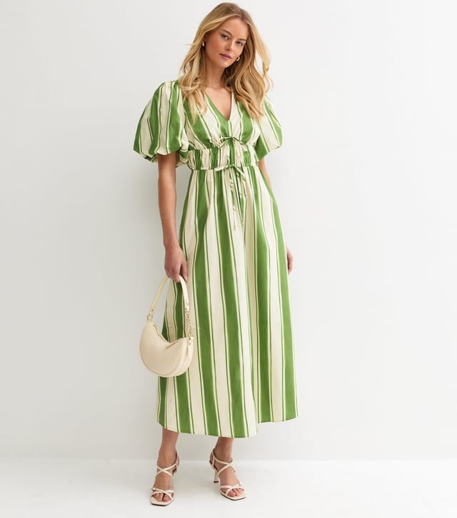 New Look Women's Tall Green Striped Puff Sleeve Midi Dress New Look - 3