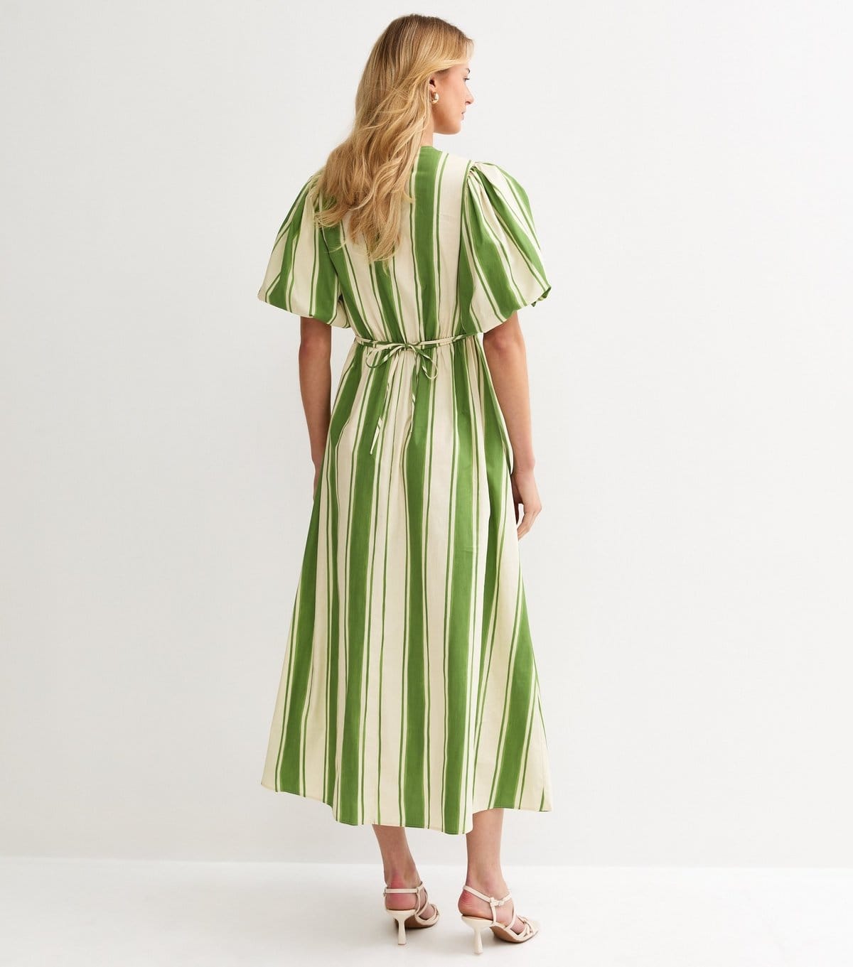 New Look Women's Tall Green Striped Puff Sleeve Midi Dress New Look - 4