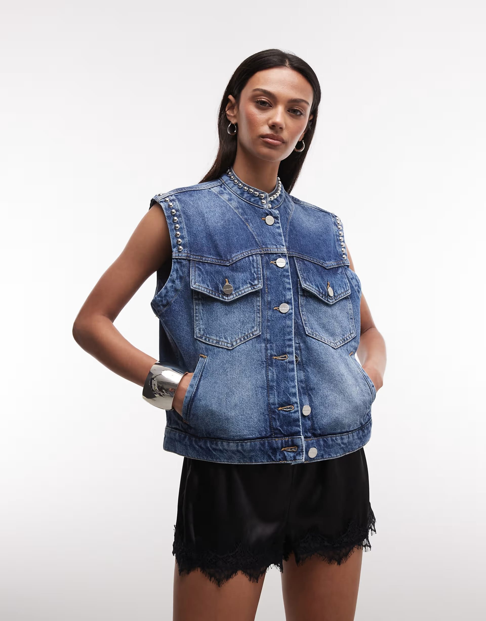 AllSaints Mac Sleeveless Stud Detail Denim Waistcoat Top in