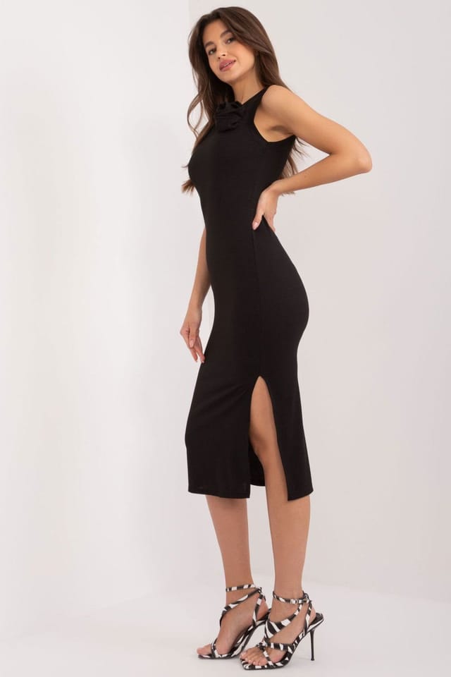 Love Lace Love Lace Women's Ribbed Cotton Sleeveless Midi Dress with Flower in Black - 3