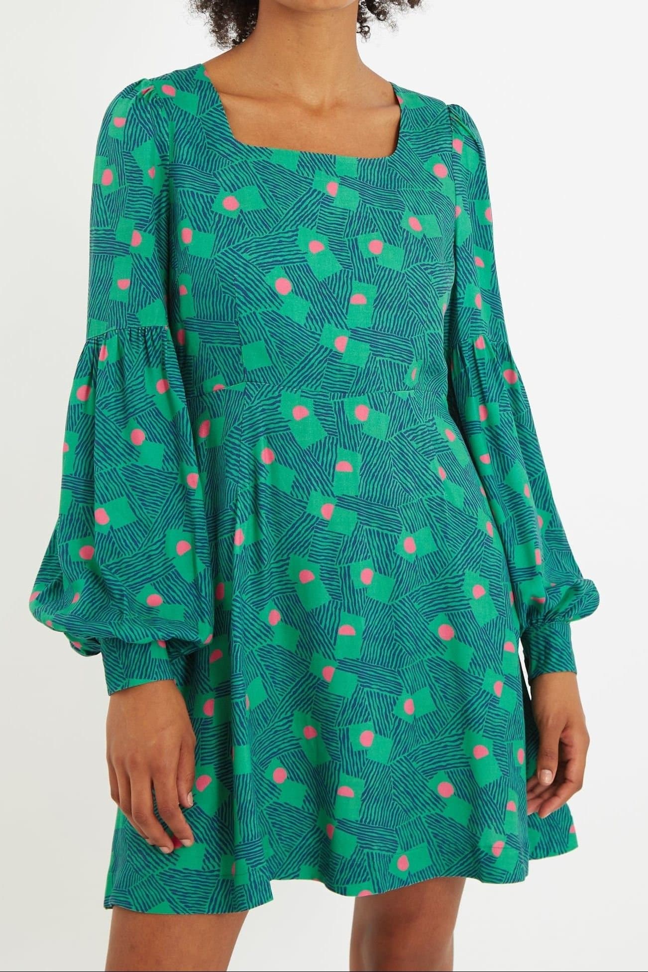 Louche Louche Women's Bindy Bauhaus Abstract Print Square Neck Long Sleeve Dresses in Green