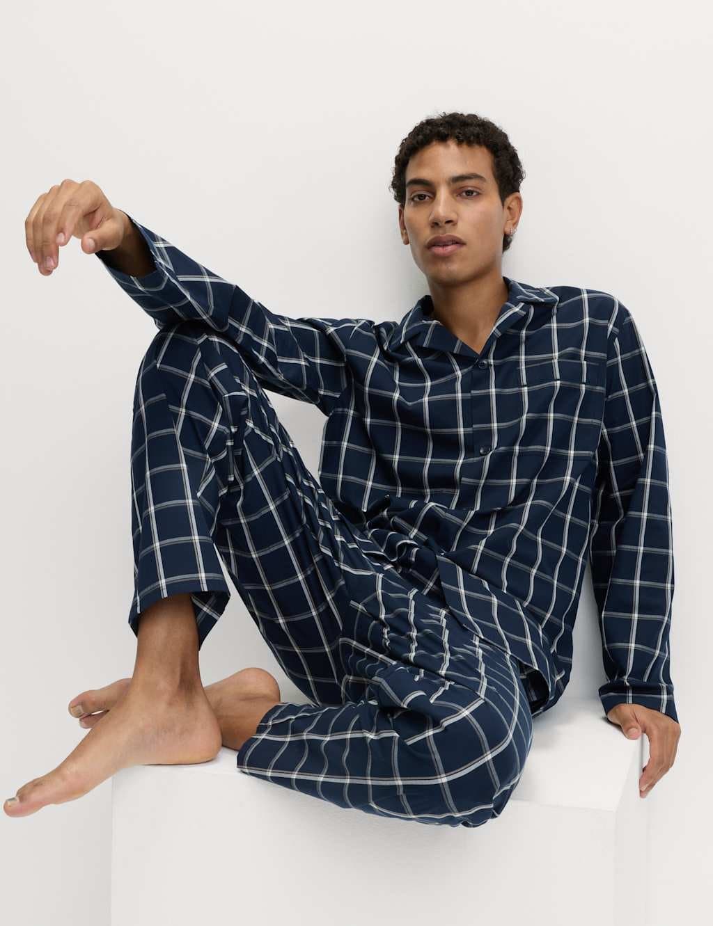 Marks & Spencer M&S Pure Cotton Checked Pyjama Set Navy