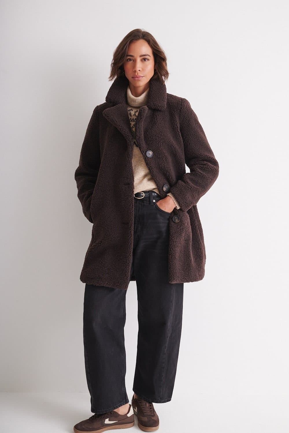 Klass. Klass. Women's Button Front Teddy Sherpa Coat in Chocolate