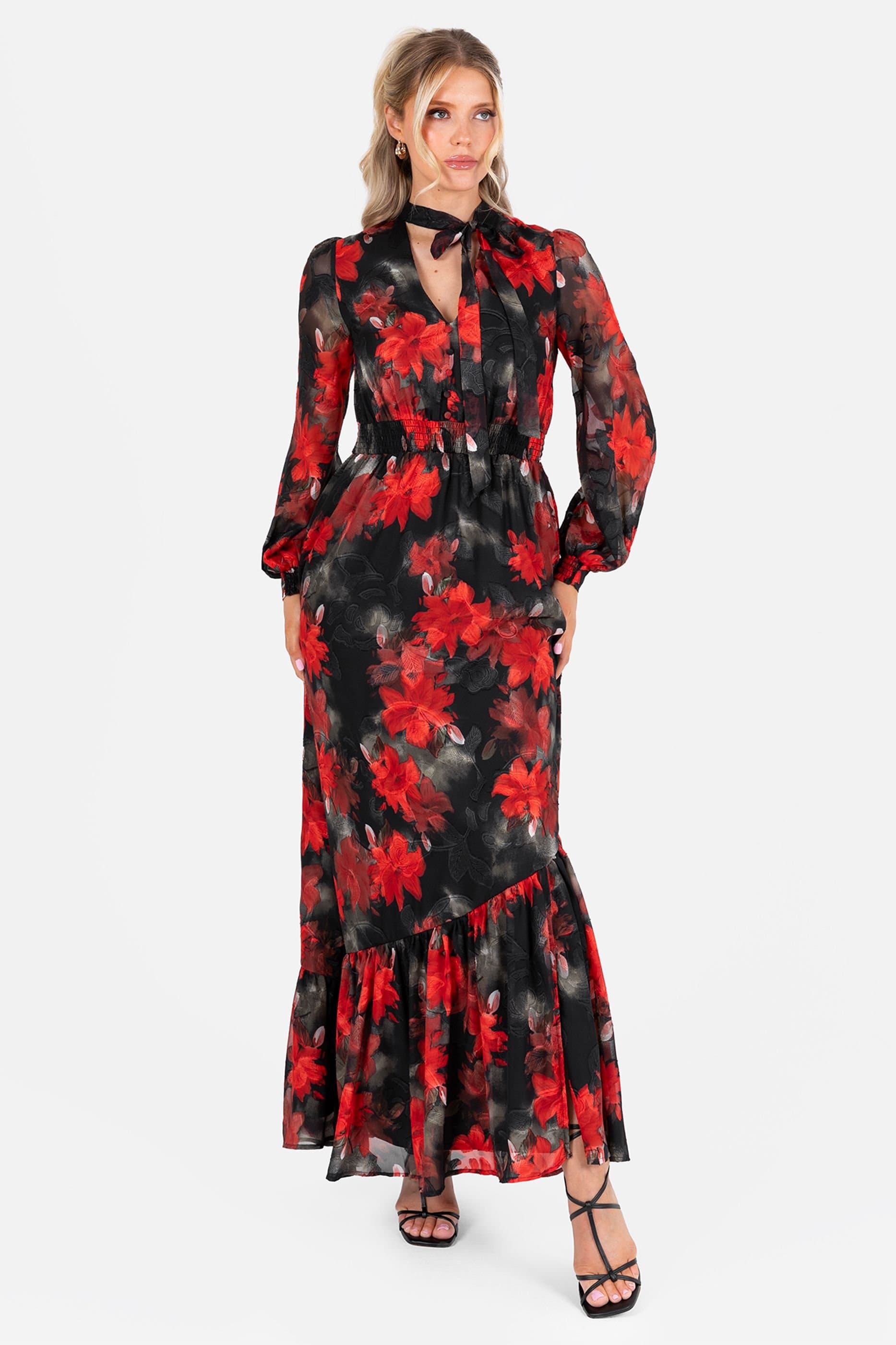 Lovedrobe Lovedrobe Women's Floral Tie Neck Long Sleeve Shirred Waist Maxi Dress