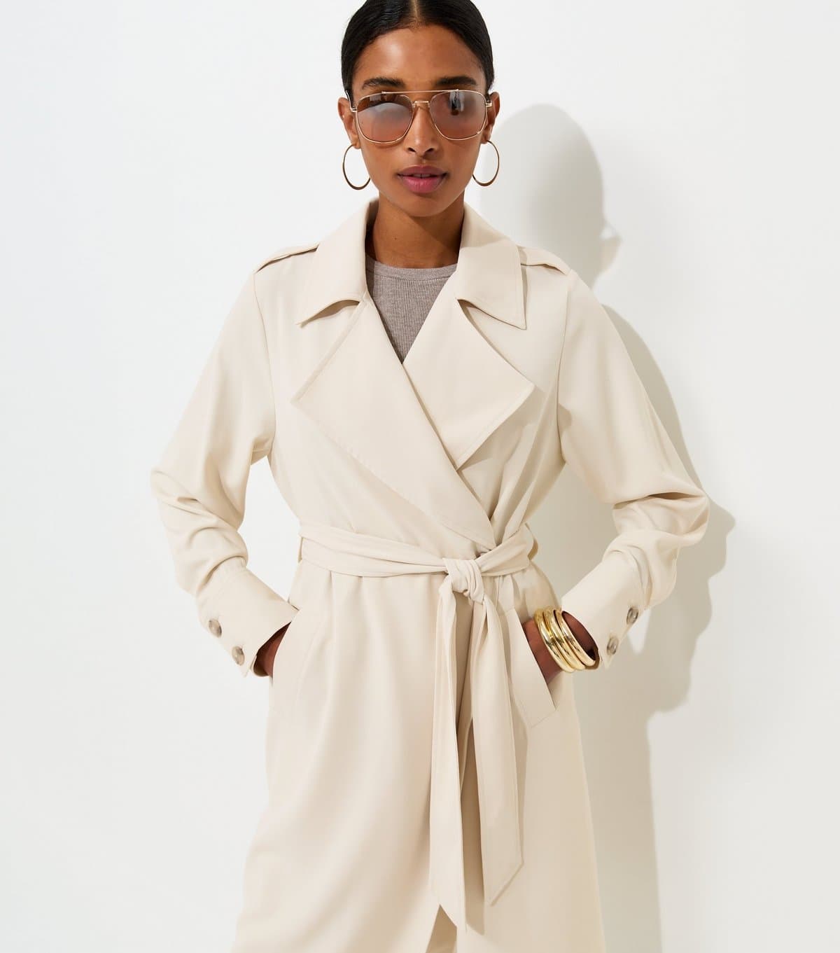 New Look Women's Stone Waterfall Front Draped Mid-Length Coat New Look