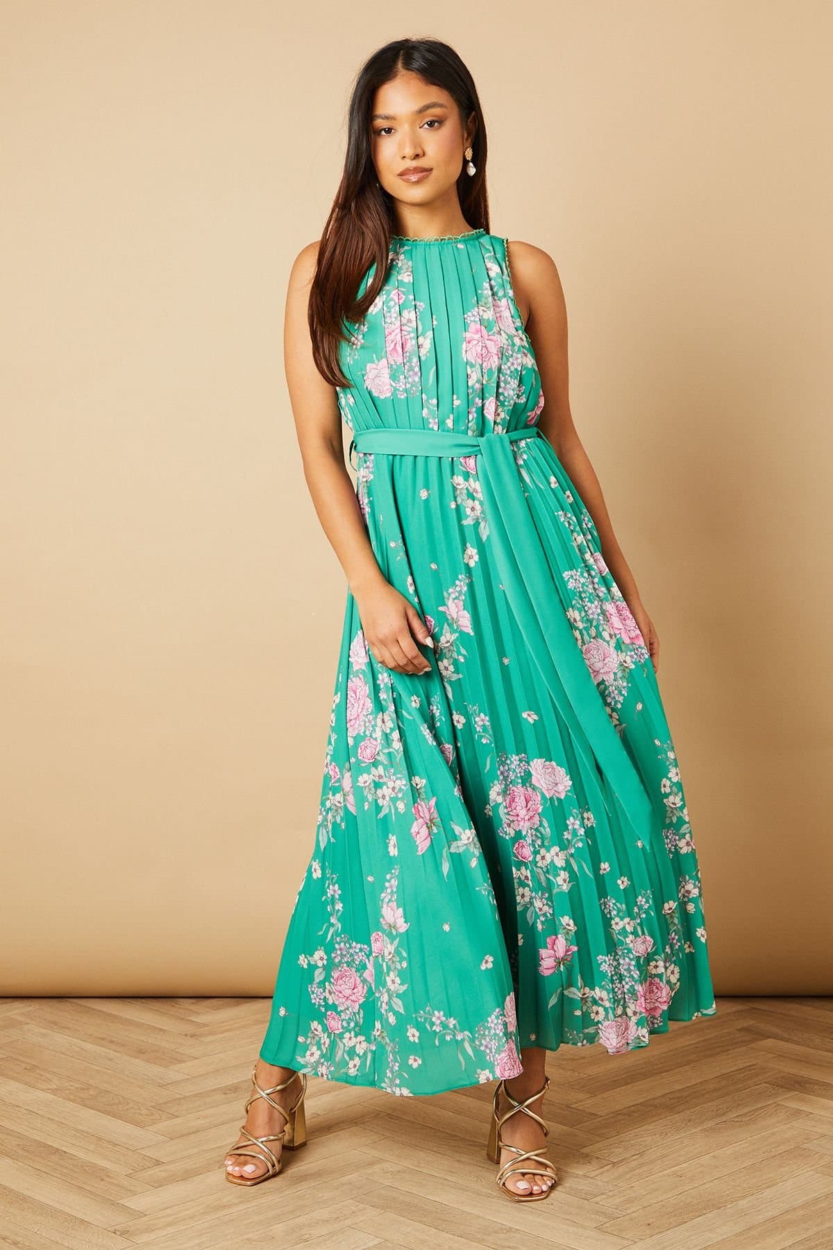 Oasis Oasis Women's Petite Green Floral Pleated Belted Midi Dress