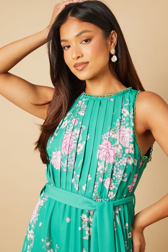 Oasis Oasis Women's Petite Green Floral Pleated Belted Midi Dress - 3