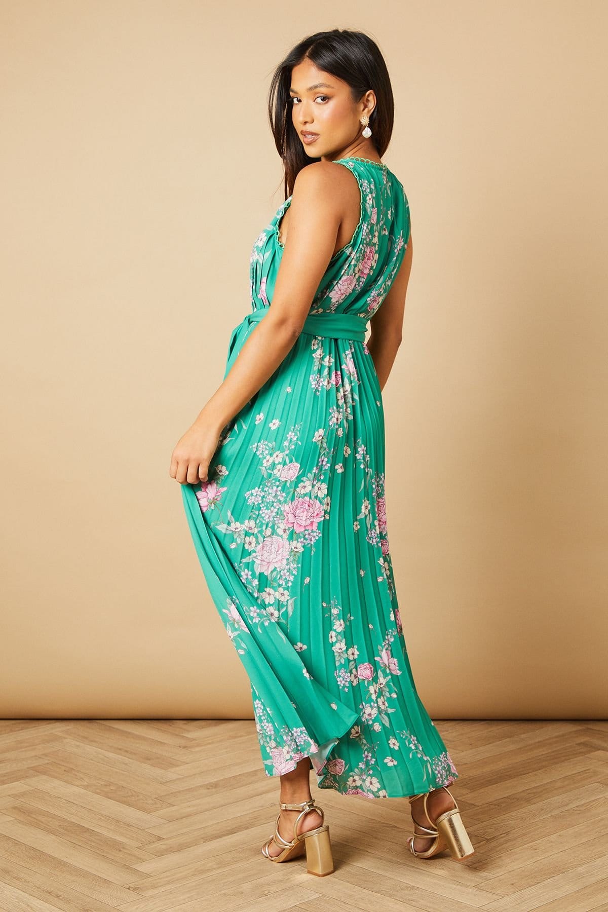 Oasis Oasis Women's Petite Green Floral Pleated Belted Midi Dress - 4