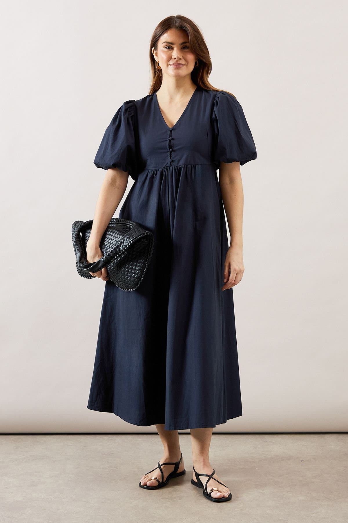 Wallis Wallis Women's Summer Cotton Midi Tea Dress in Navy