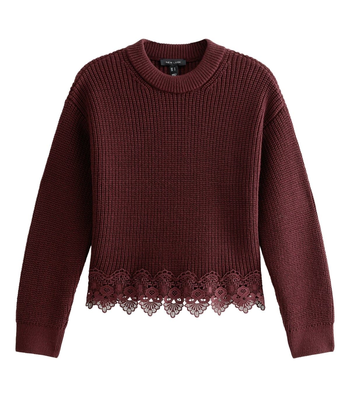 New Look Women's Dark Burgundy Chunky Knit Lace Hem Jumper New Look