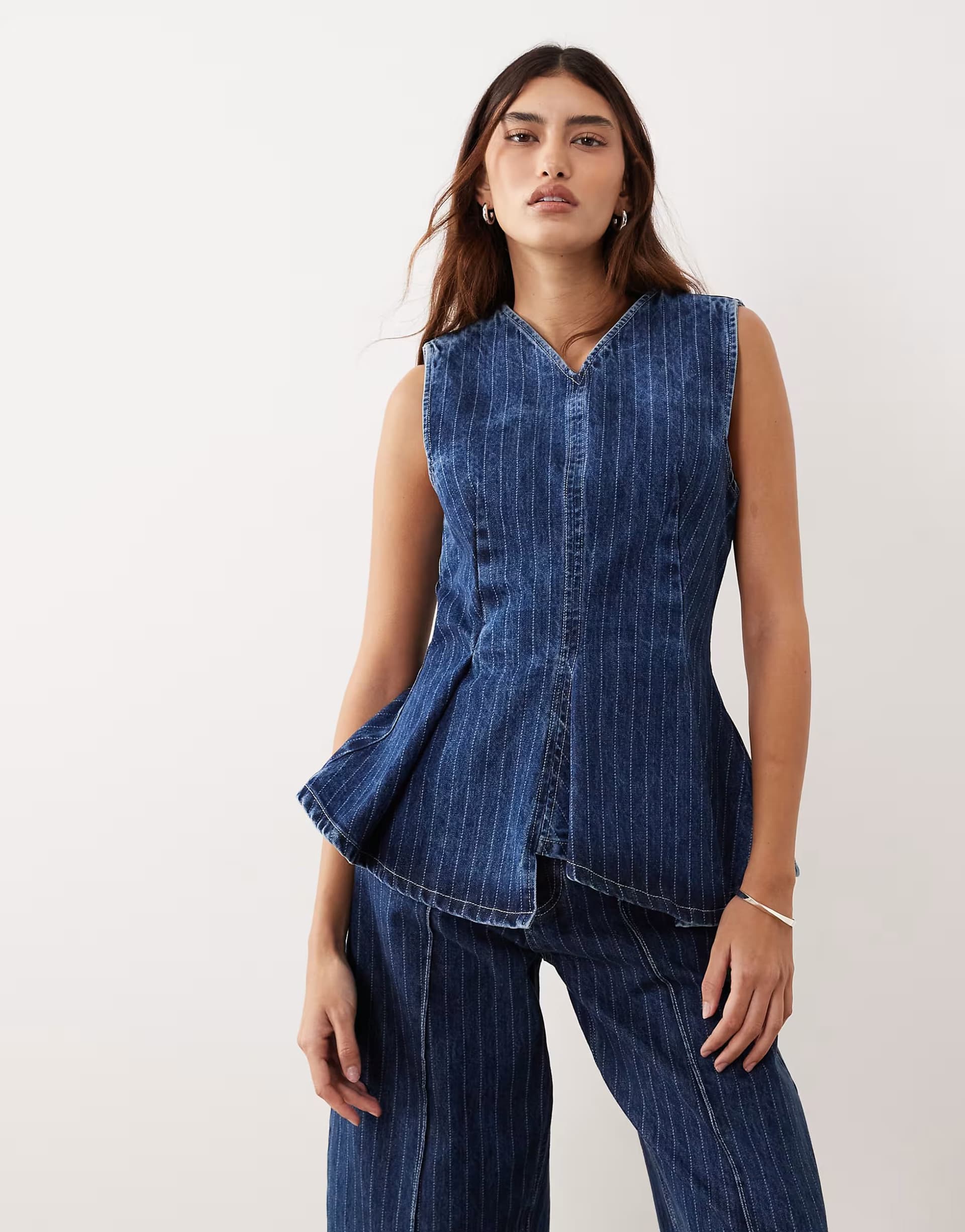 ASOS ARRANGE stitch stripe denim pleated v neck top co-ord in washed blue stripe