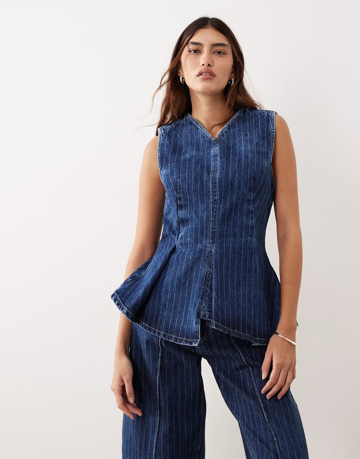 ASOS ARRANGE stitch stripe denim pleated v neck top co-ord in washed blue stripe - 1