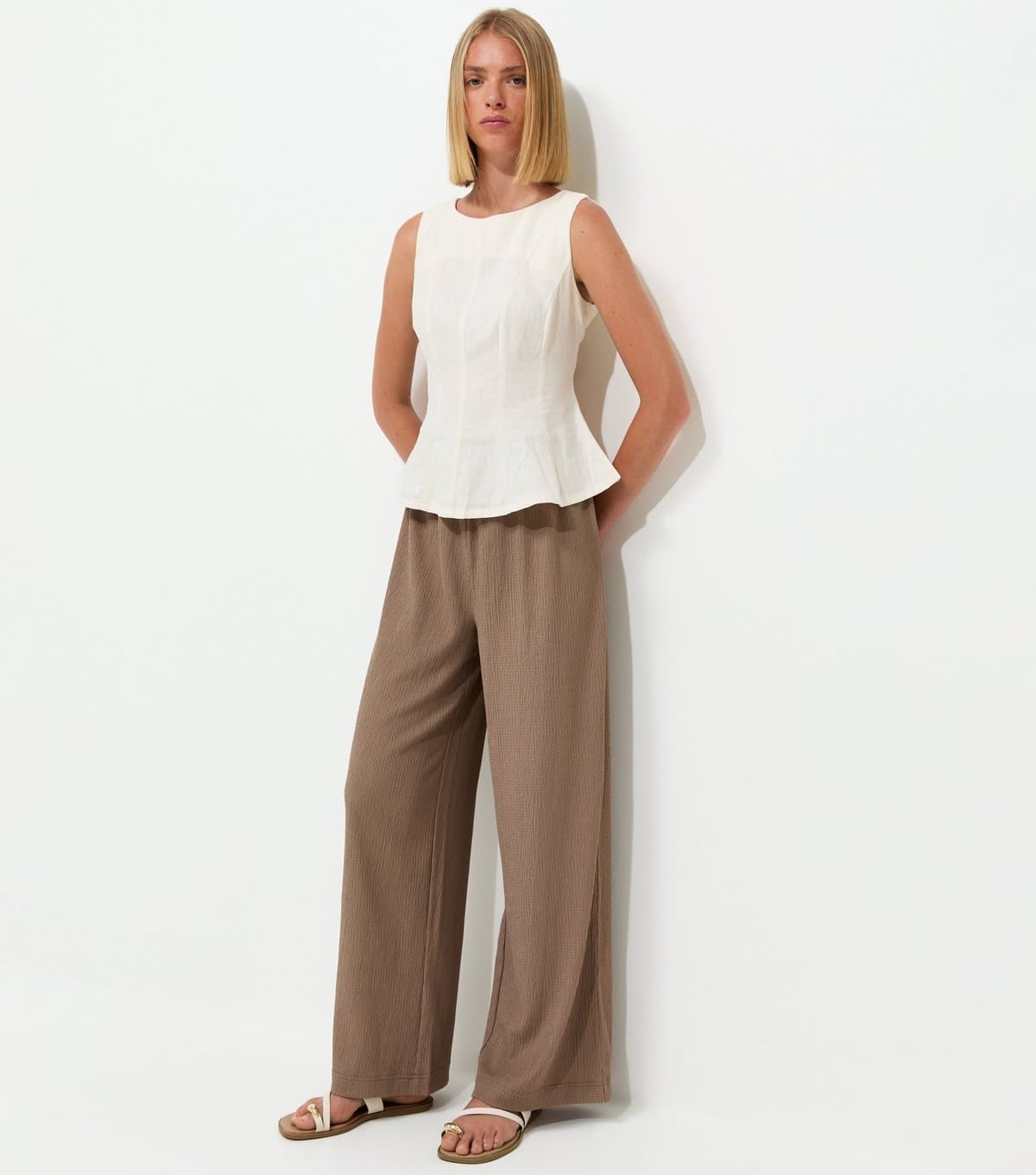 New Look Women's Mink Crinkled Jersey Wide Leg Trousers New Look
