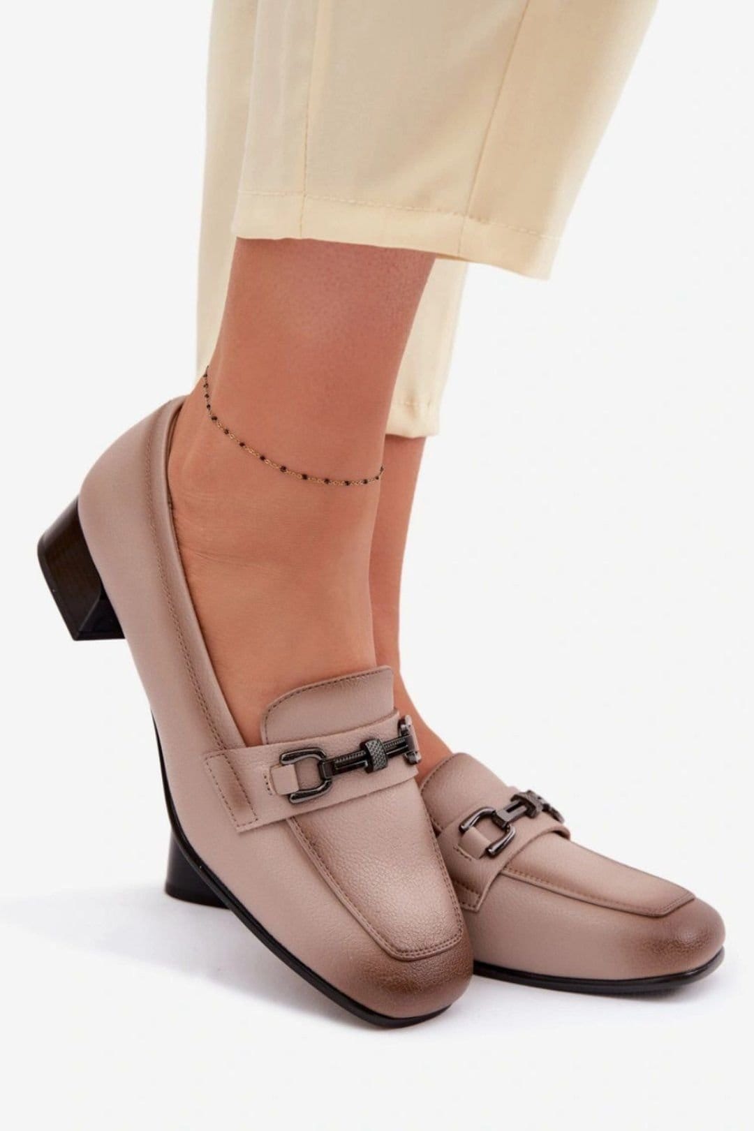 Love Lace Love Lace Women's Elegant Heeled Loafers in Natural Block Heel Comfort in Beige - 4