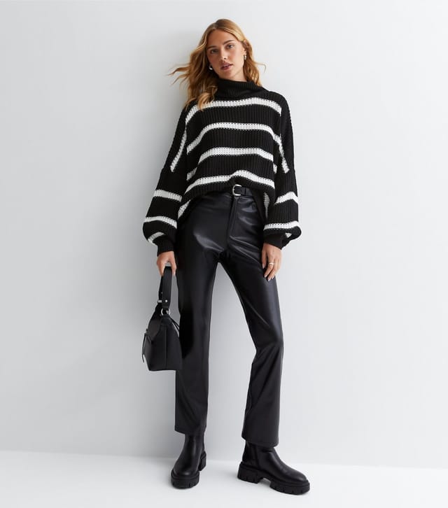 Gini London Women's Black Stripe Chunky Knit High Neck Jumper Gini London New Look - 2