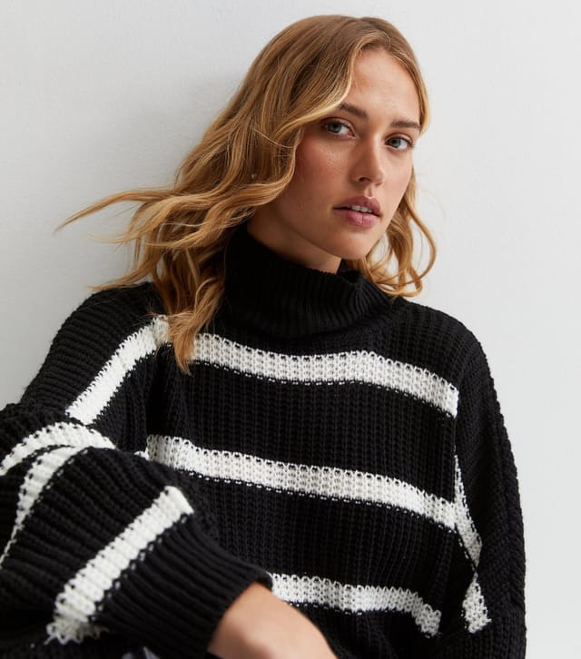 Gini London Women's Black Stripe Chunky Knit High Neck Jumper Gini London New Look - 3