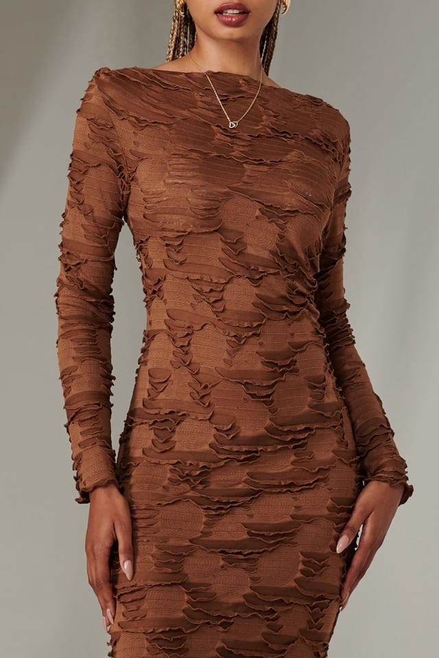 Jolie Moi Jolie Moi Women's Long Sleeve Textured Midi Dress in Dark Brown - 3
