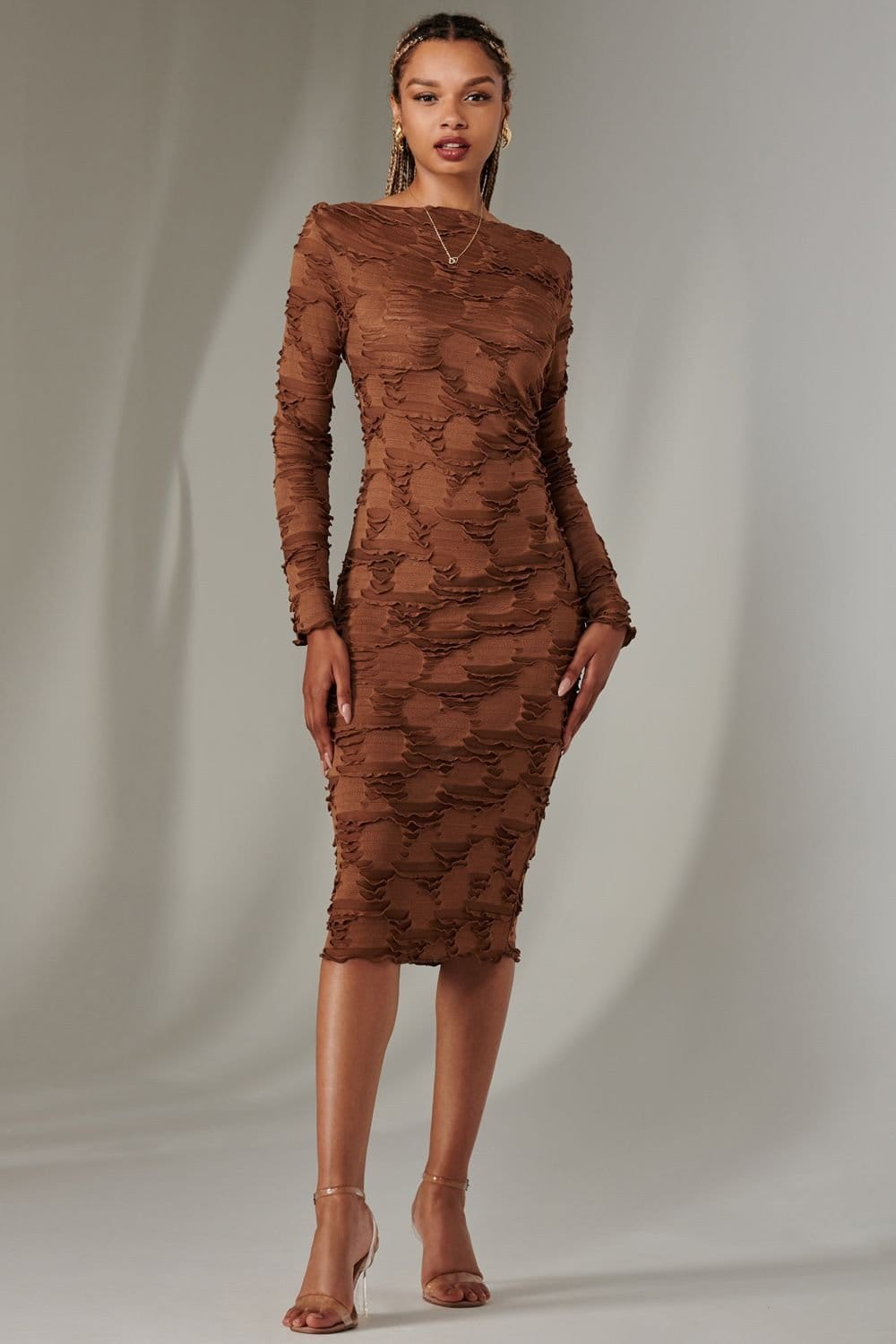 Jolie Moi Jolie Moi Women's Long Sleeve Textured Midi Dress in Dark Brown - 4