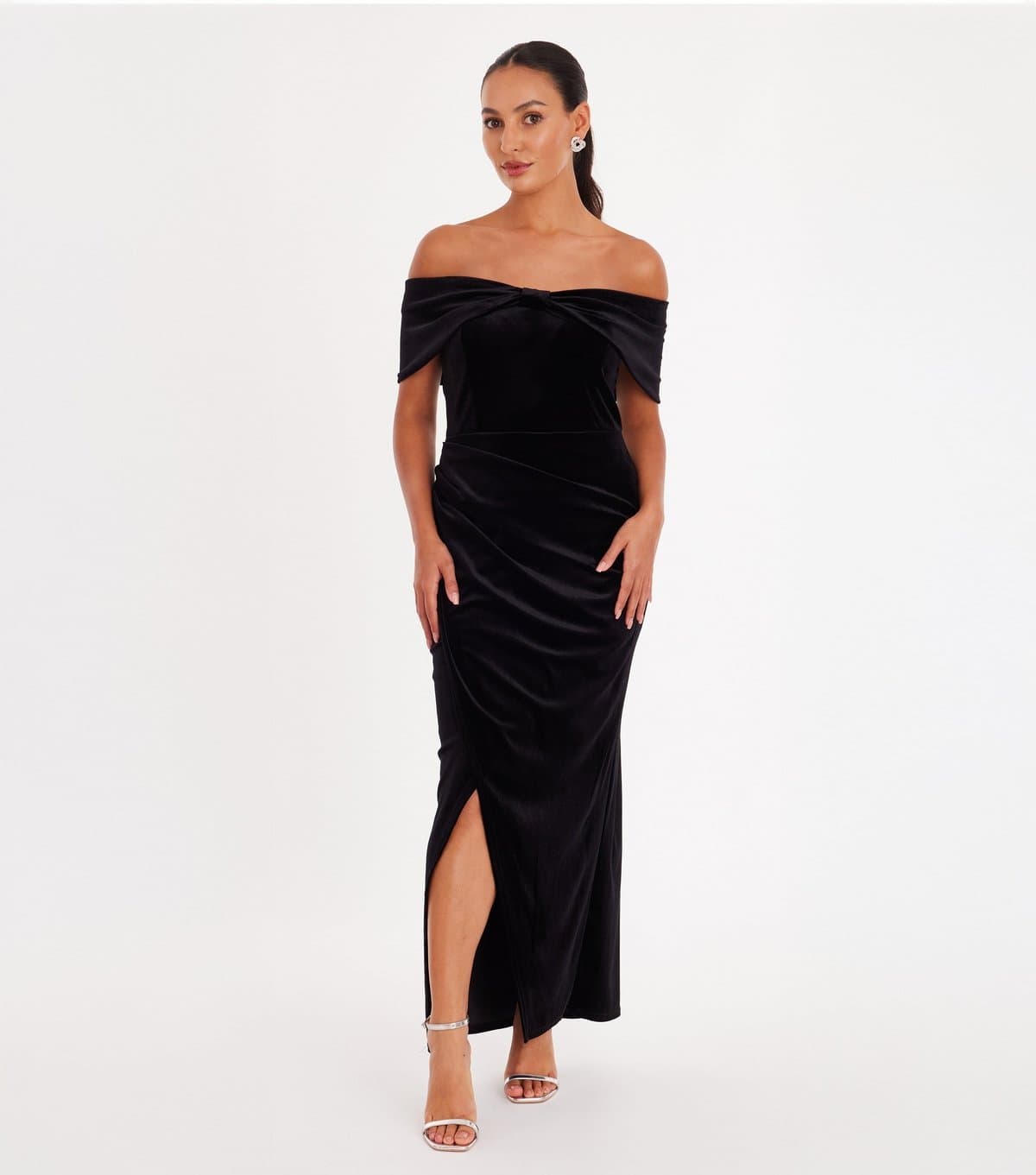 Quiz Women's Petite Black Velvet Bardot Wrap Dress Quiz New Look