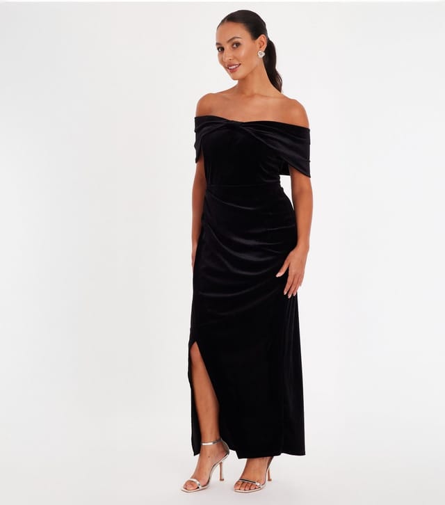Quiz Women's Petite Black Velvet Bardot Wrap Dress Quiz New Look - 3