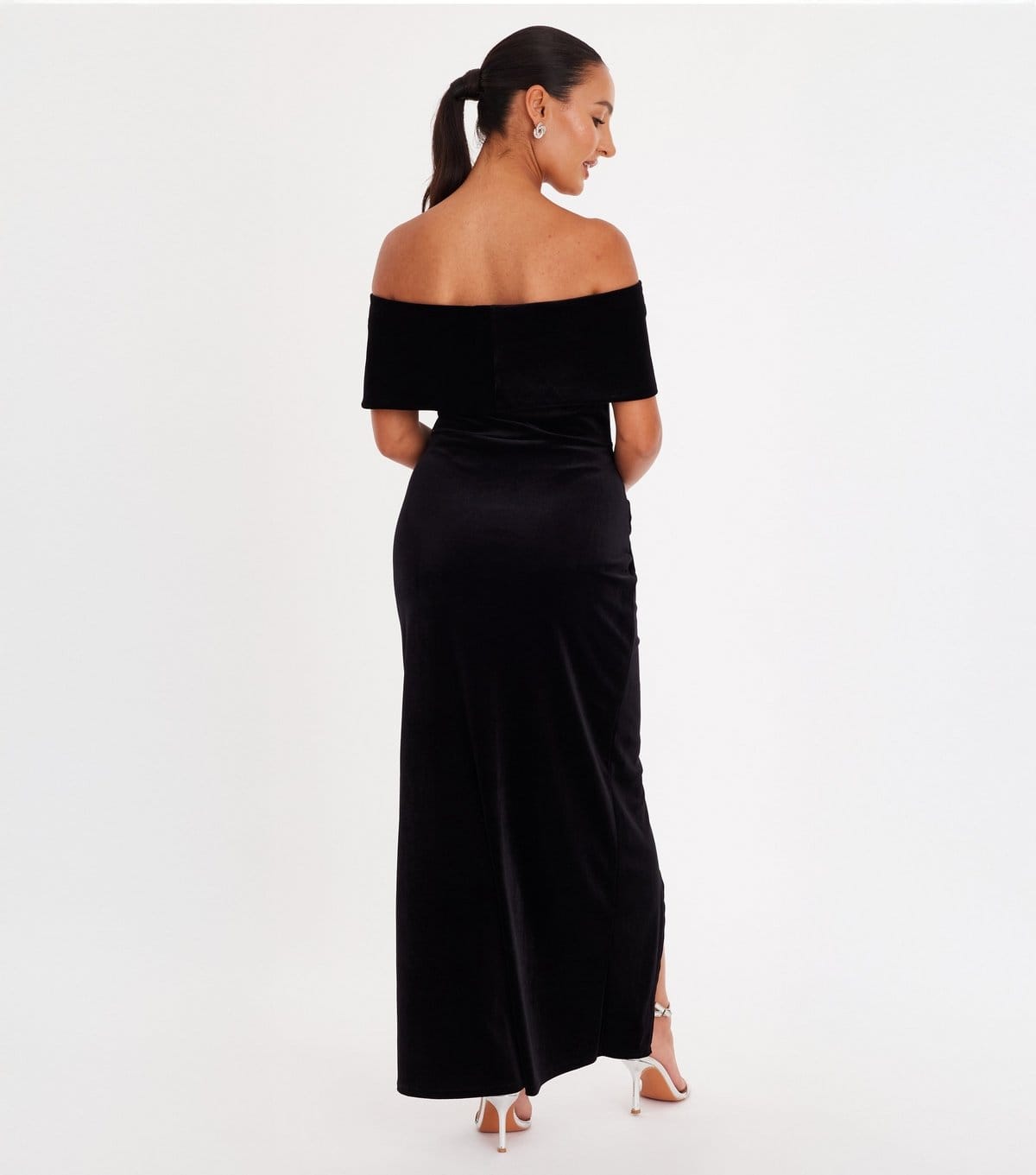 Quiz Women's Petite Black Velvet Bardot Wrap Dress Quiz New Look - 4