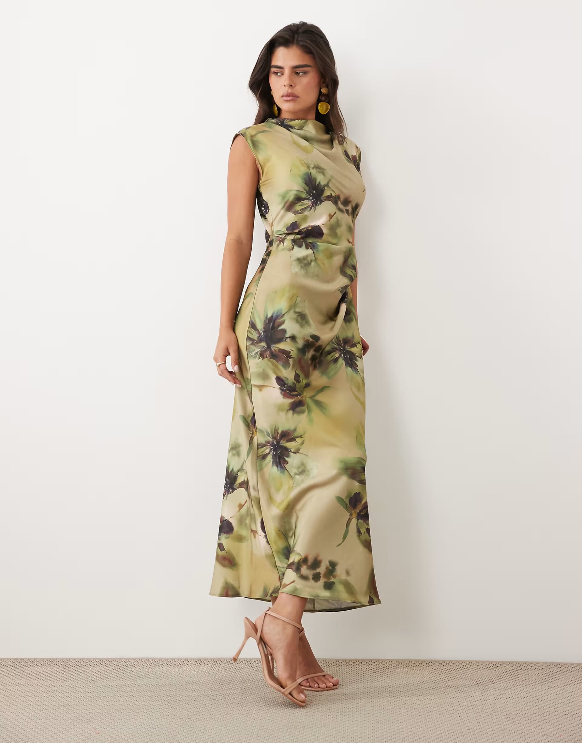 ASOS ASOS DESIGN satin high neck pleated bodice midi dress in green floral print