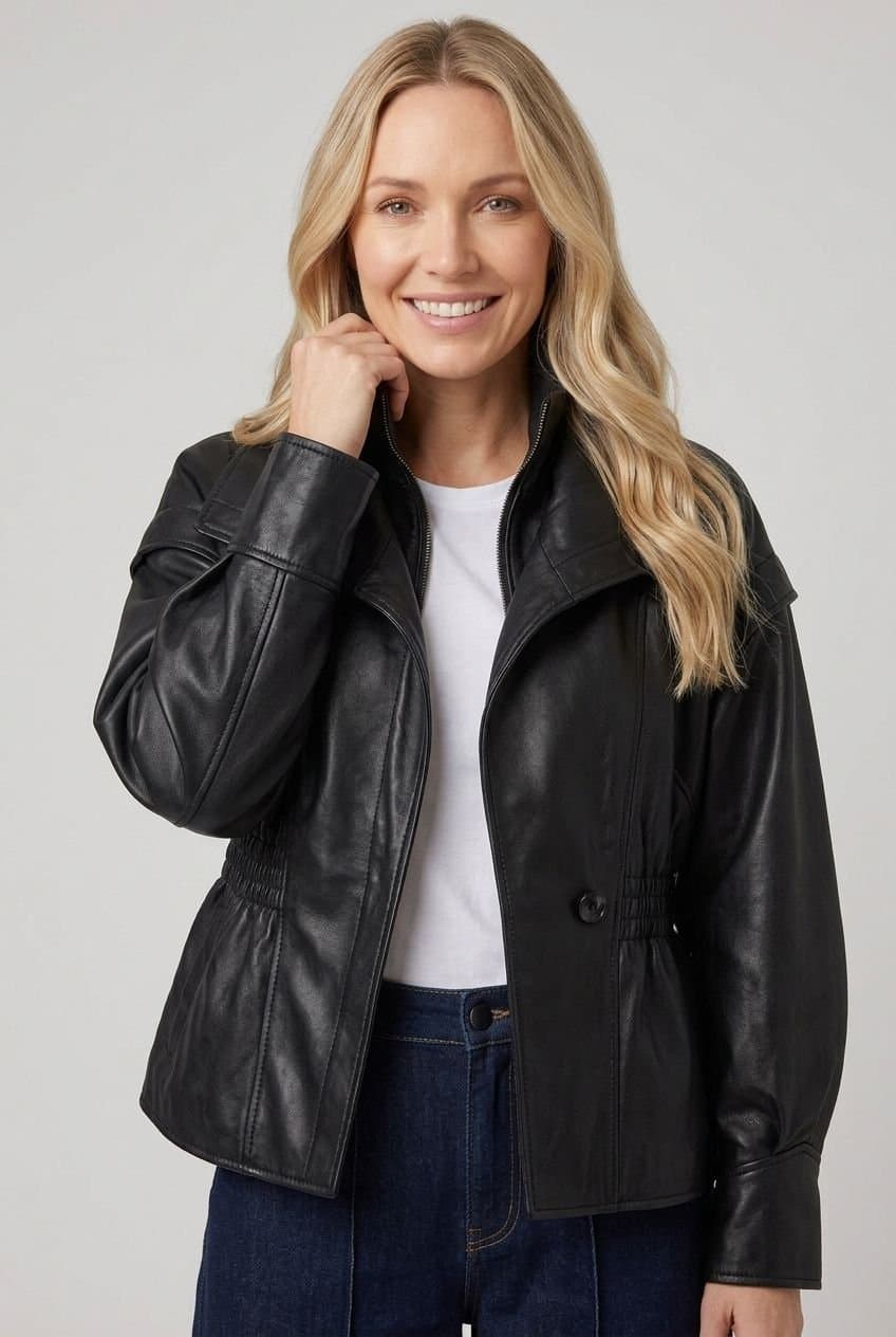 Izabel London Izabel London Women's Faux Leather Layered High Neck Jacket in Black