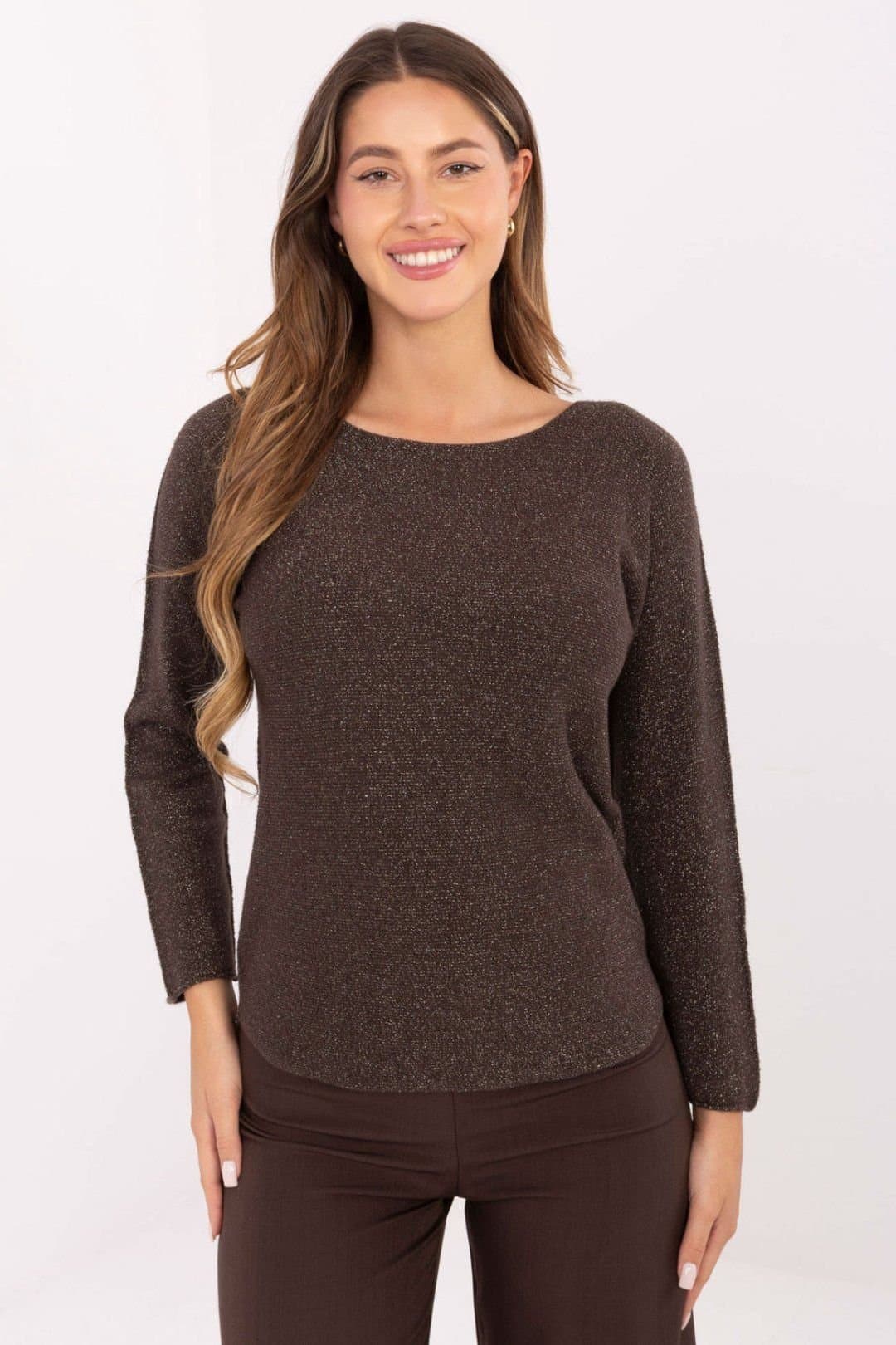 Love Lace Love Lace Women's Stylish Lurex Knit Sweater Round Neck in Brown