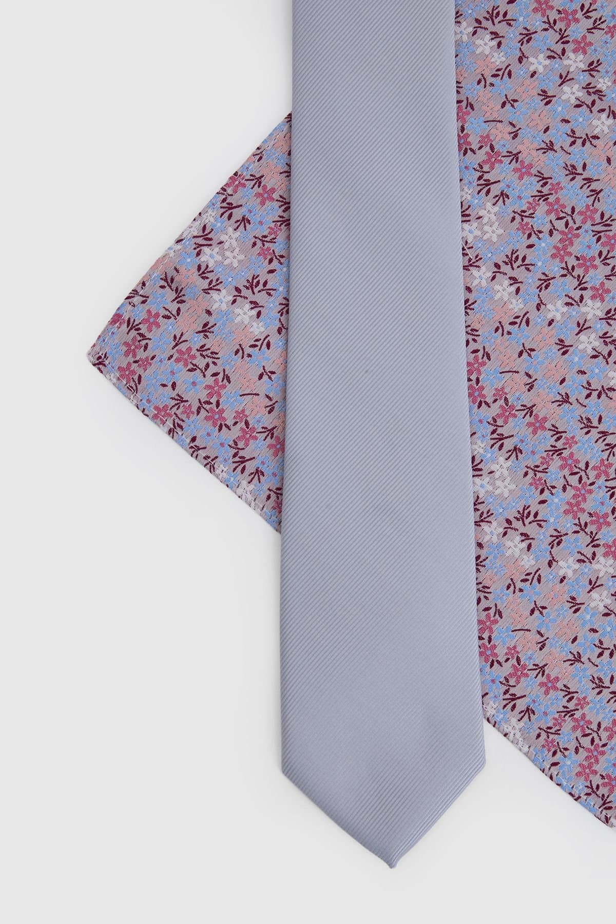 Burton Burton Men's Light Grey Plain Tie & Ditsy Pocket Square in Mauve