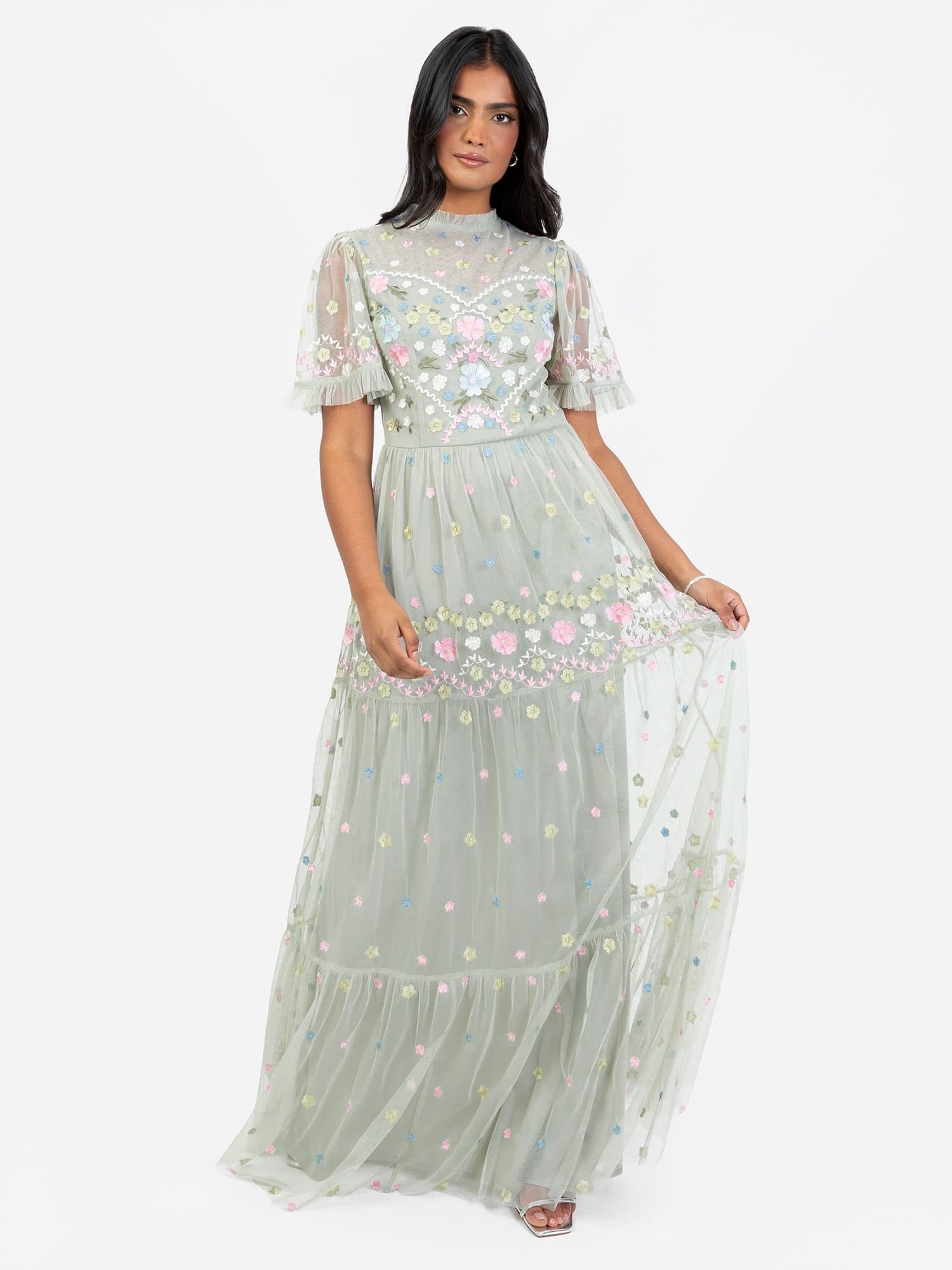 Maya Deluxe Maya Deluxe Women's Embroidered High Neck Maxi Dress in Mint