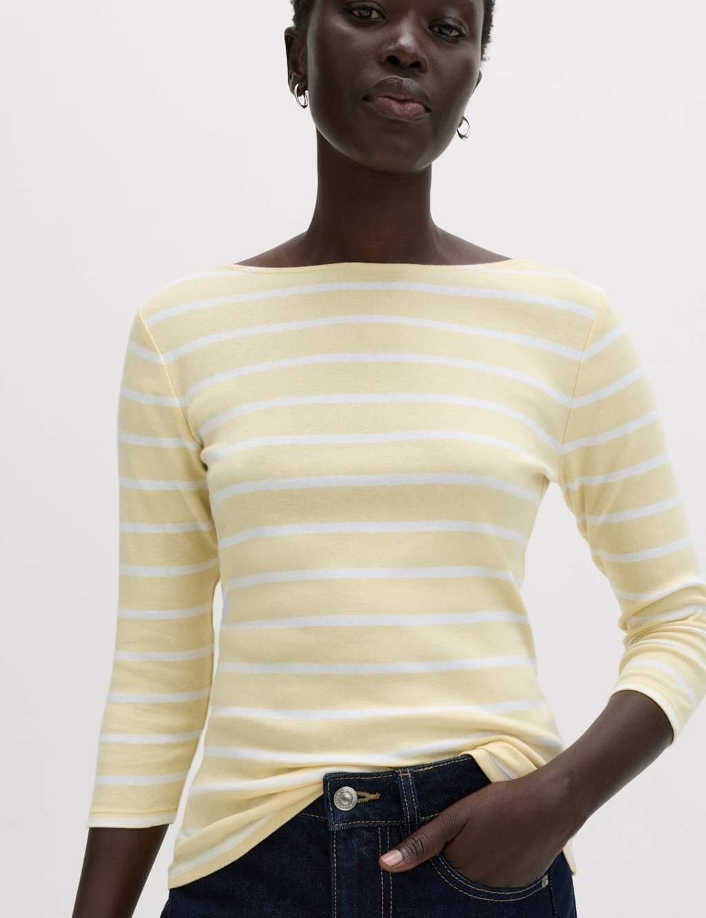 Marks & Spencer M&S Pure Cotton Striped Slash Neck Slim Fit Top Yellow Mix