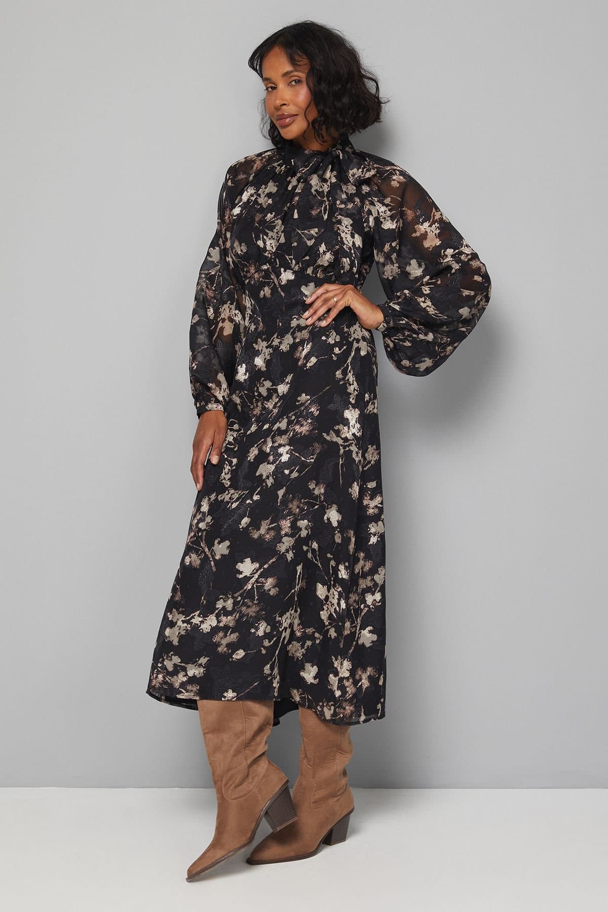 Wallis Wallis Women's Floral Burn Out Tie Neck Midi Dress in Black