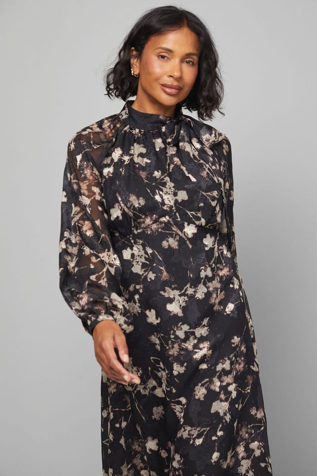 Wallis Wallis Women's Floral Burn Out Tie Neck Midi Dress in Black - 2