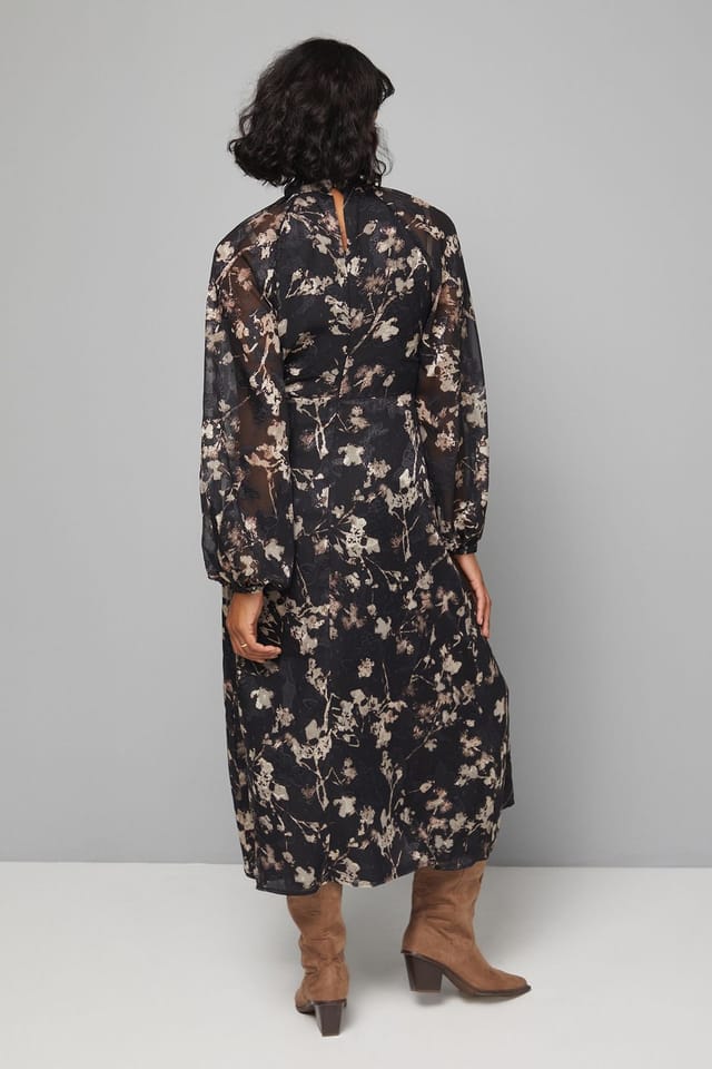 Wallis Wallis Women's Floral Burn Out Tie Neck Midi Dress in Black - 3