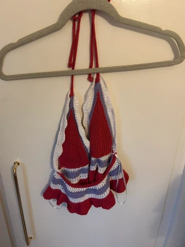 Source Unknown crochet pink purple white holiday top