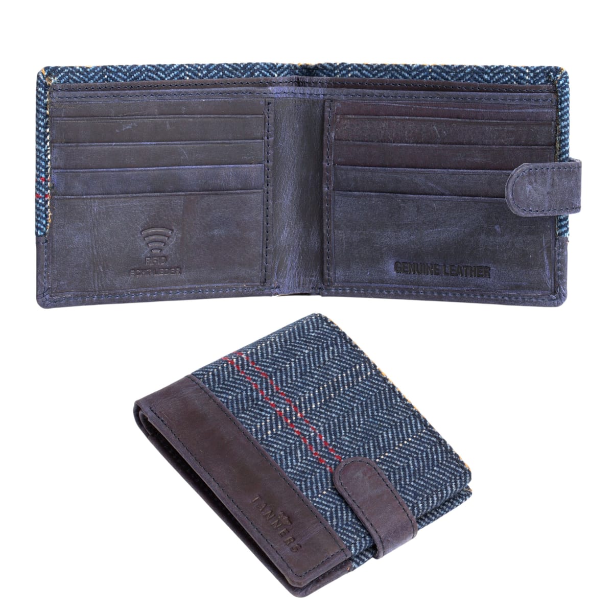 Woodland Leathers Woodland Leathers Men's Men's RFID Genuine Leather & Tweed Wallet, Slim Bifold Card Holder in Navy - 1