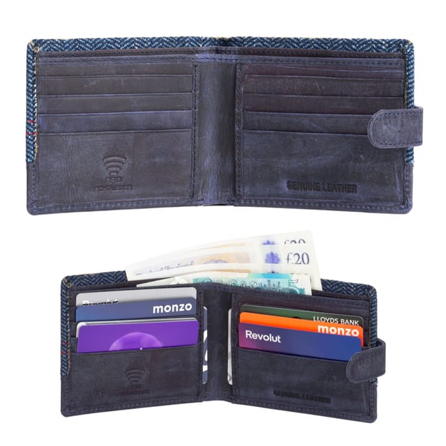 Woodland Leathers Woodland Leathers Men's Men's RFID Genuine Leather & Tweed Wallet, Slim Bifold Card Holder in Navy - 3