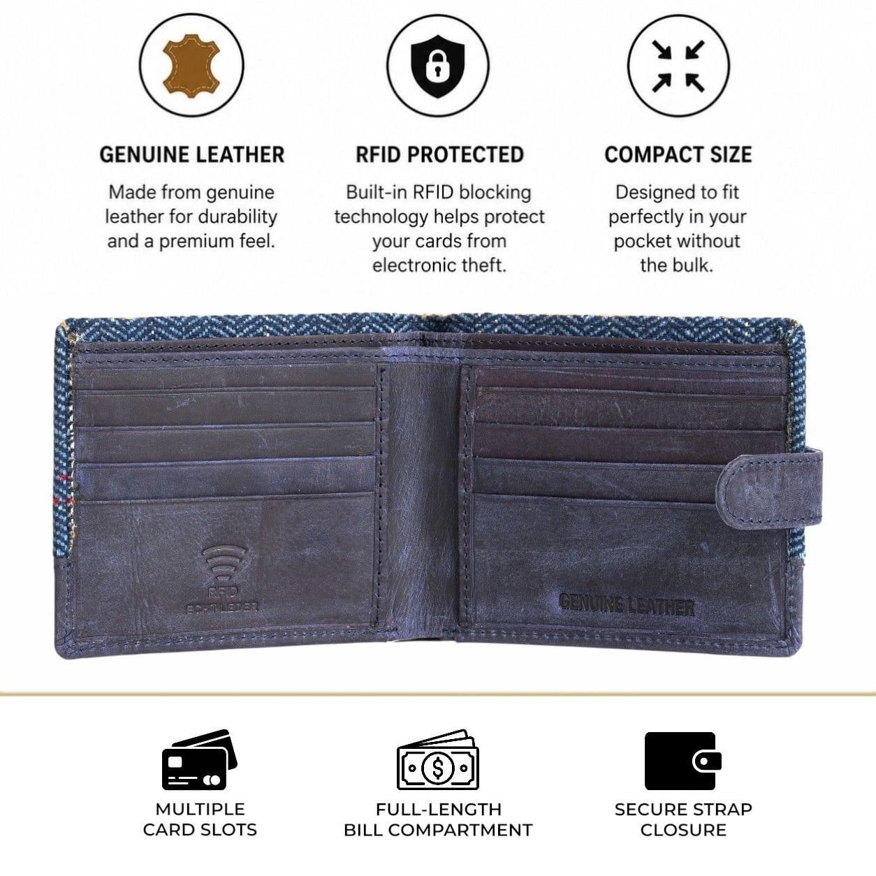 Woodland Leathers Woodland Leathers Men's Men's RFID Genuine Leather & Tweed Wallet, Slim Bifold Card Holder in Navy - 4