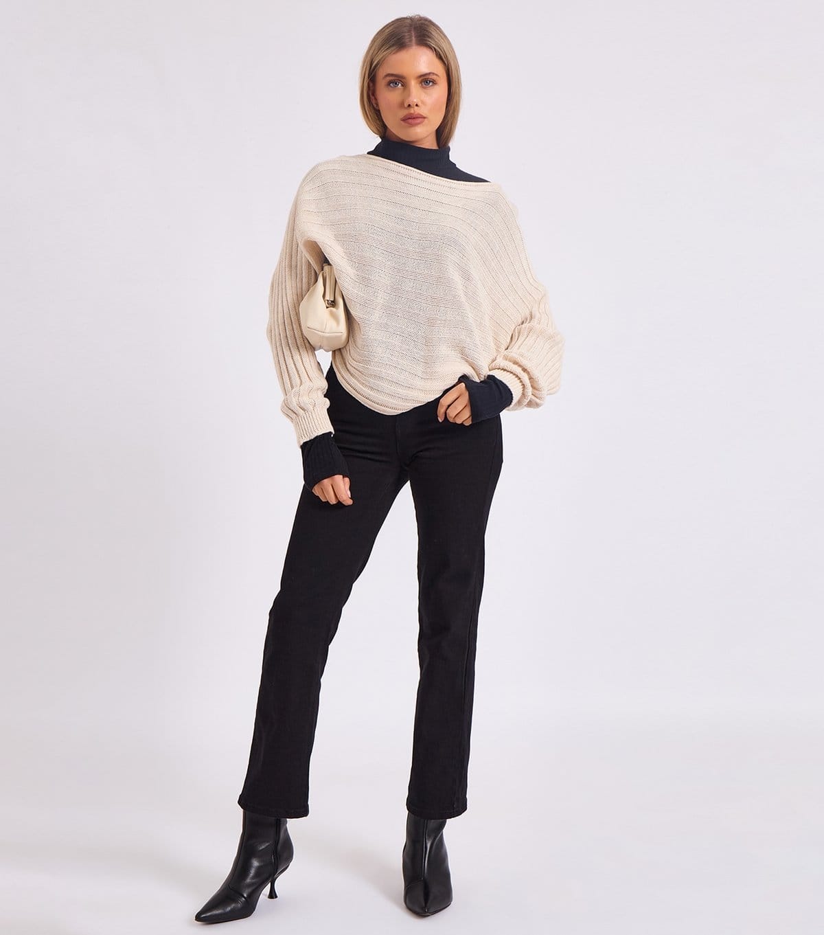 Gini London Cream Knit Batwing Sleeve Jumper