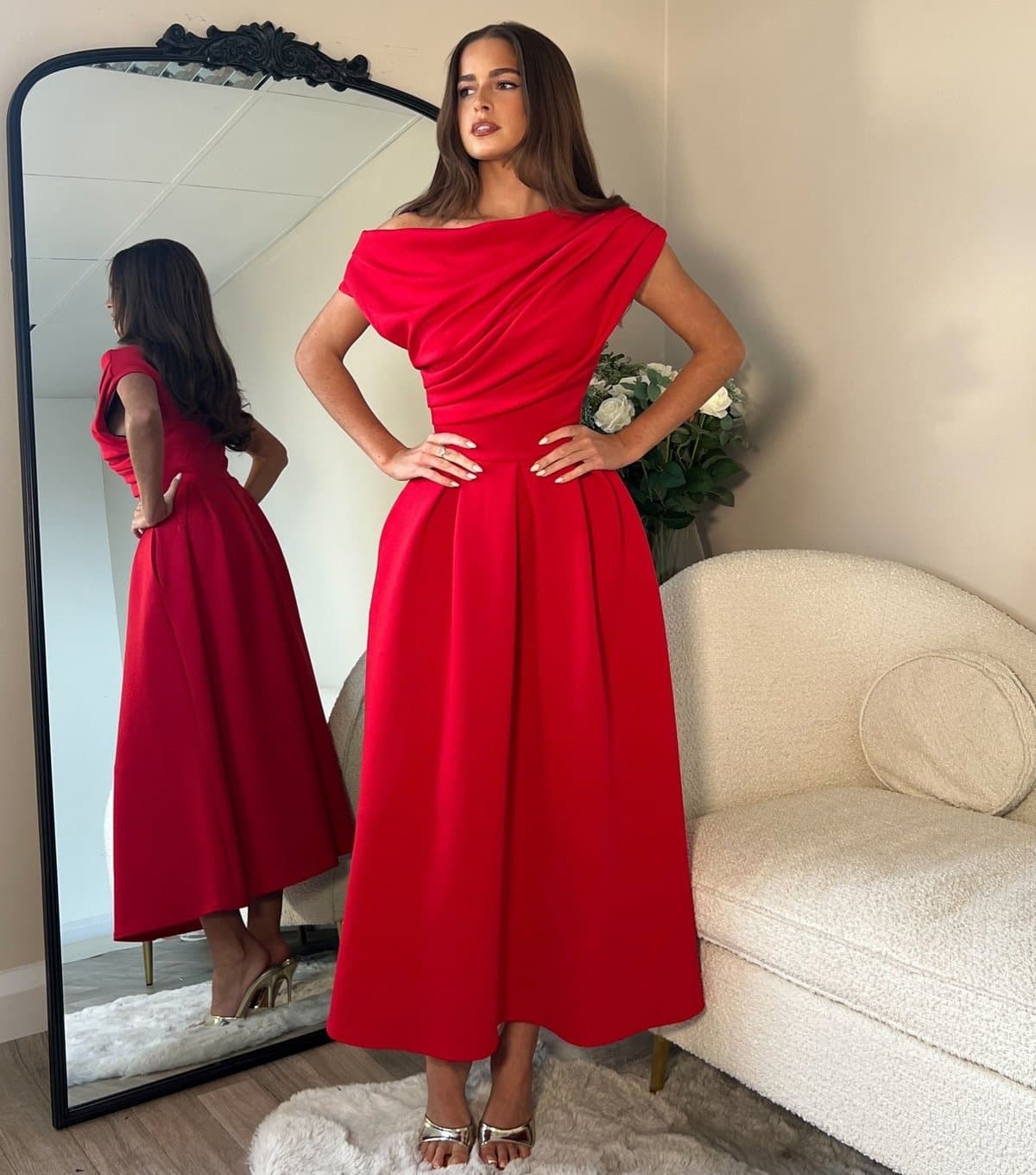 Girl In Mind Women's Bright Red Off The Shoulder Pleated Skirt Midi Dress Girl in Mind New Look